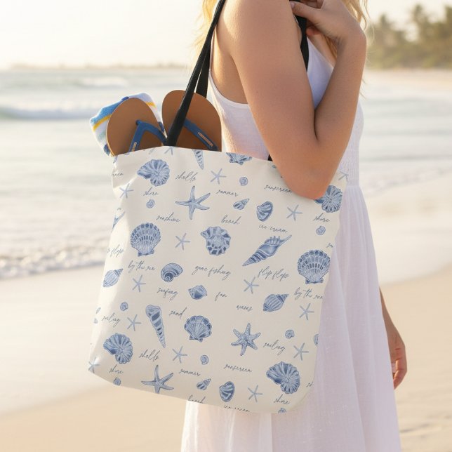 Shells Starfish Sun Fun Text Blue ID918  Tote Bag (Creator Uploaded)