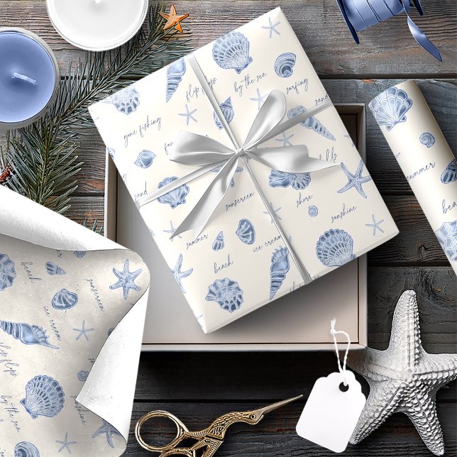 Shells Starfish Sun Fun Text Blue ID918  Wrapping Paper (Creator Uploaded)