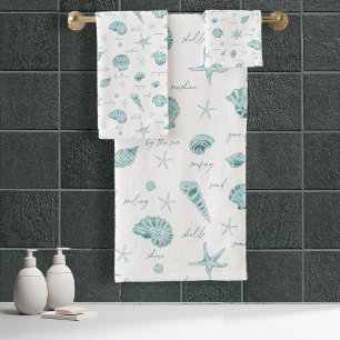 Shells Starfish Sun Fun Text Teal ID918 Bath Towel Set