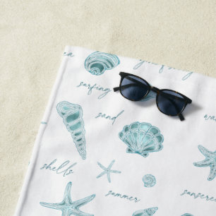 Shells Starfish Sun Fun Text Teal ID918 Beach Towel
