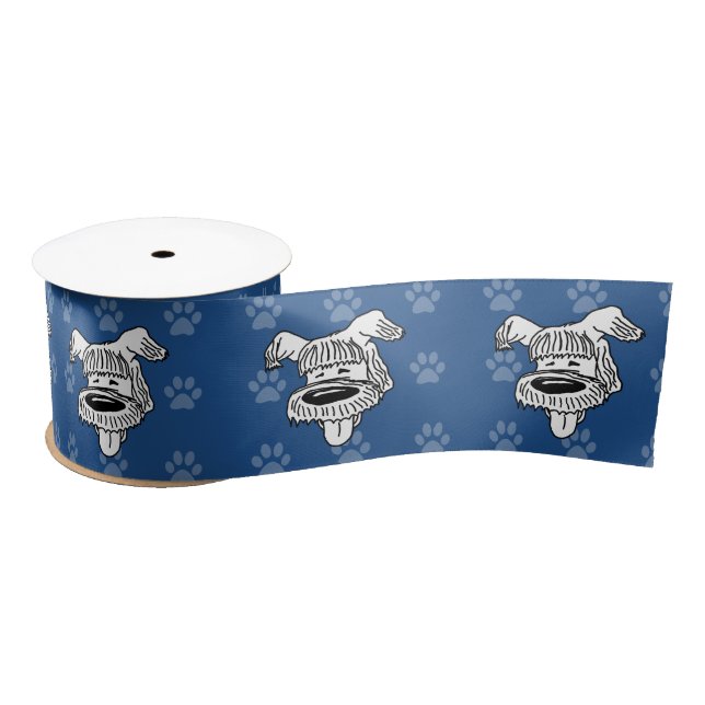 Shelter Dog cartoon sheepdog blue pawprints wide Satin Ribbon (Spool)