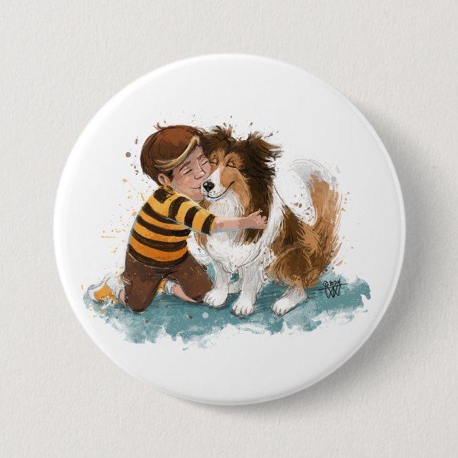 Sheltie and Boy Dog Hug 7.5 Cm Round Badge (Front)