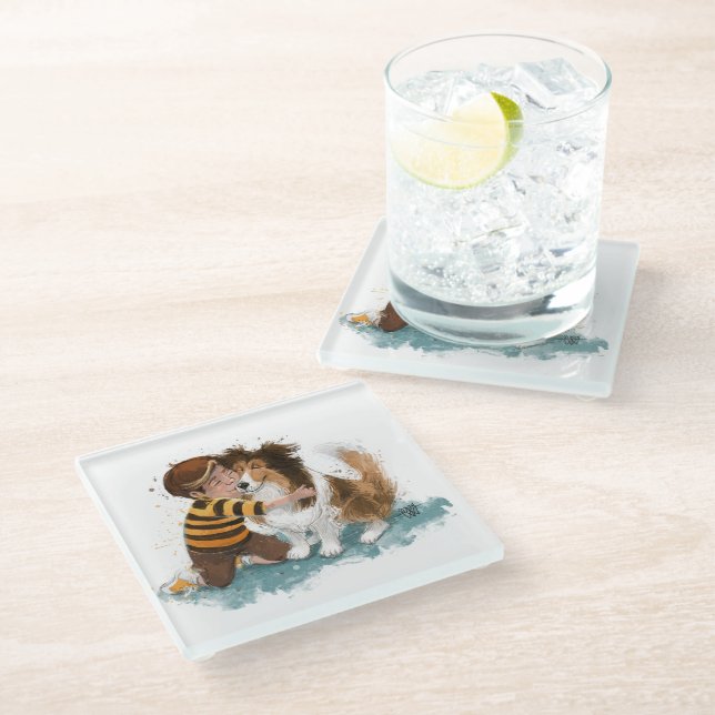 Sheltie and Boy Dog Hug Glass Coaster (Angled)