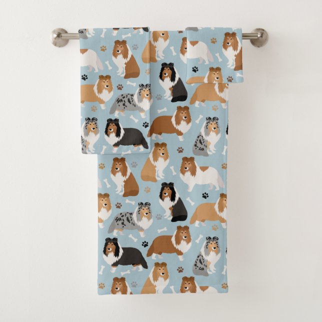Sheltie Bones and Paws Bath Towel Set (Insitu)