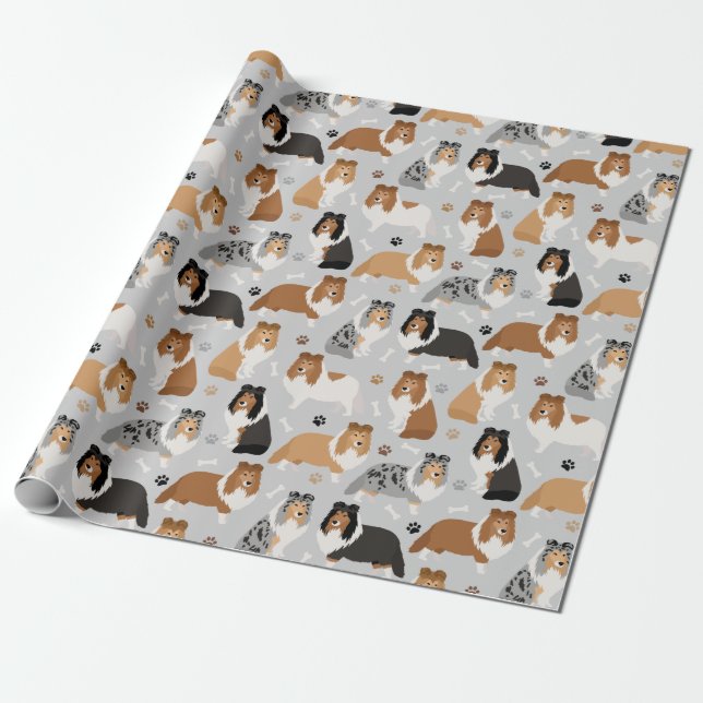 Sheltie Bones and Paws Wrapping Paper (Unrolled)
