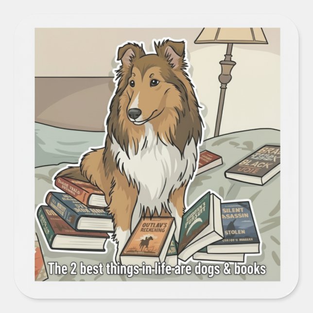 Sheltie & books square sticker (Front)