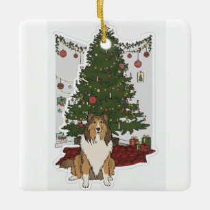 Sheltie by Christmas tree Ceramic Ornament