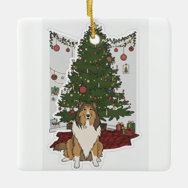 Sheltie by Christmas tree Ceramic Ornament (Front)