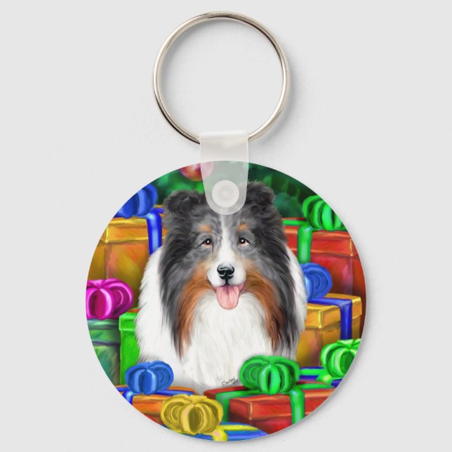 Sheltie Christmas Open Gifts Blue Merle Key Ring (Front)