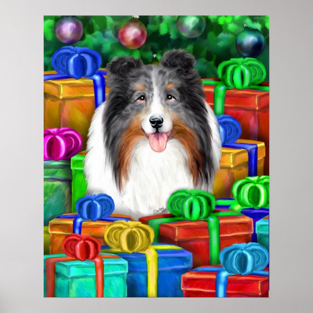 Sheltie Christmas Open Gifts Blue Merle Poster (Front)