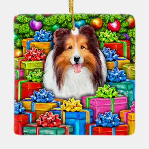 Sheltie Christmas Open Gifts Ceramic Ornament