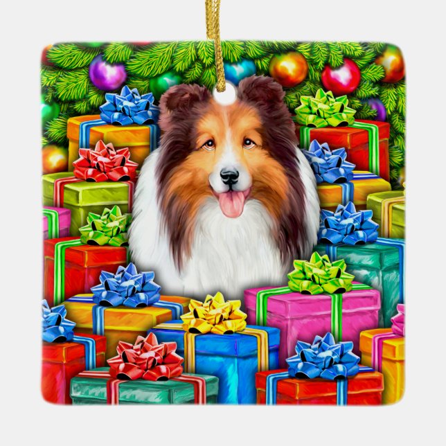 Sheltie Christmas Open Gifts Ceramic Ornament (Front)