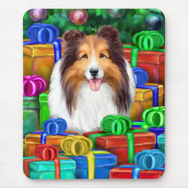 Sheltie Christmas Open Gifts Sable Mouse Mat (Front)