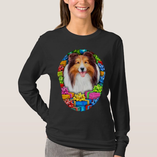 Sheltie Christmas Open Gifts Sable T-Shirt (Front)
