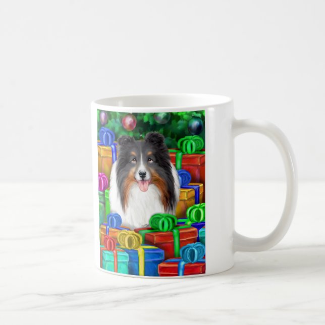 Sheltie Christmas Open Gifts Tri Colour Coffee Mug (Right)