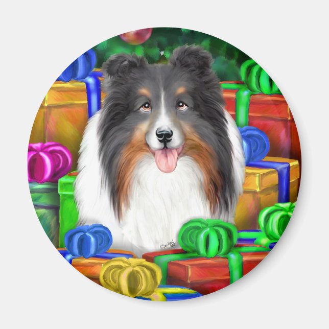 Sheltie Christmas Open Gifts Tri Colour Magnet (Front)
