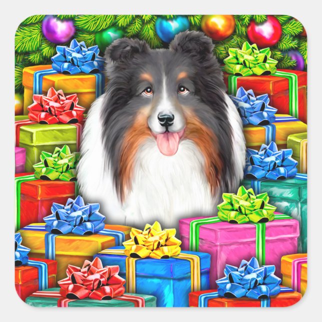 Sheltie Christmas Open Gifts Tri colour Square Sticker (Front)