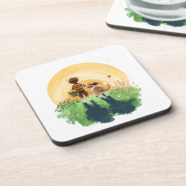 Sheltie Dog and Boy Walk into Sunset Coaster (Left Side)