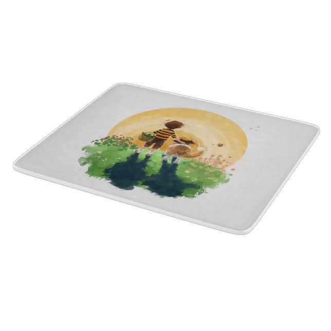 Sheltie Dog and Boy Walk into Sunset Cutting Board (Corner)