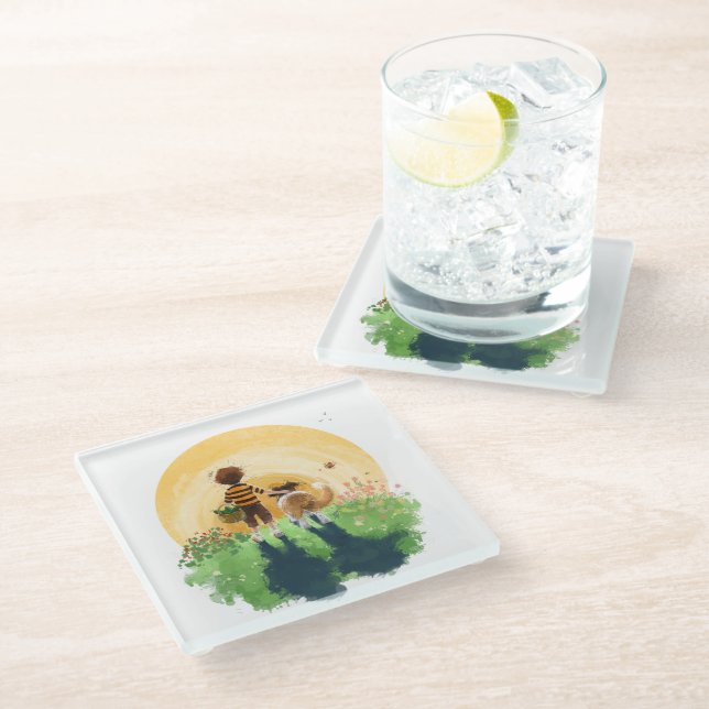 Sheltie Dog and Boy Walk into Sunset Glass Coaster (Angled)