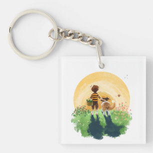 Sheltie Dog and Boy Walk into Sunset Key Ring