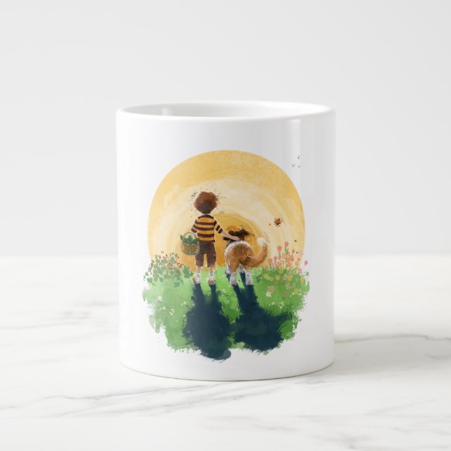 Sheltie Dog and Boy Walk into Sunset Large Coffee Mug (Front)