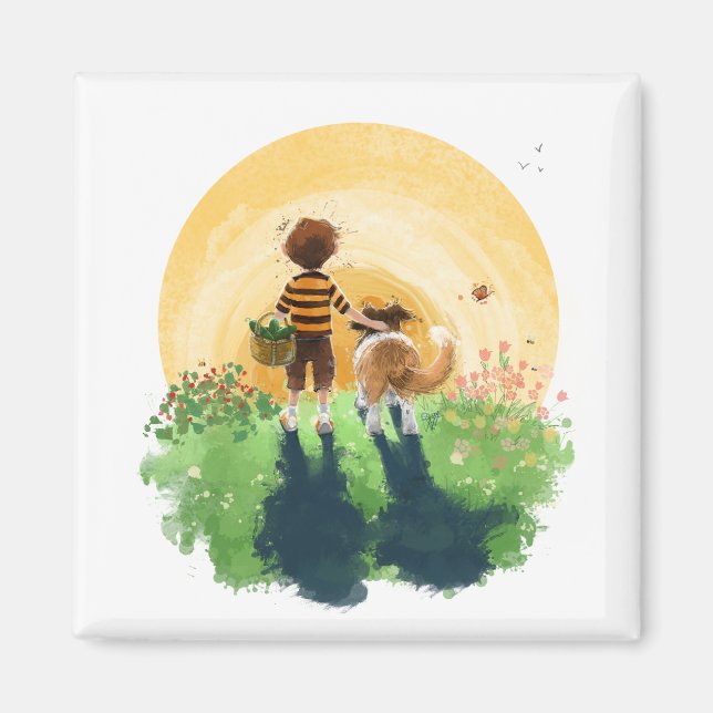 Sheltie Dog and Boy Walk into Sunset Magnet (Front)