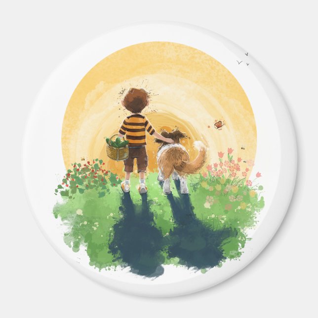 Sheltie Dog and Boy Walk into Sunset Magnet (Front)