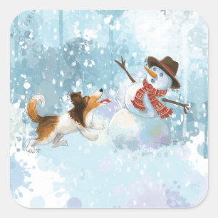 Sheltie Dog and Boy Walk into Sunset Square Sticker