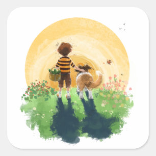Sheltie Dog and Boy Walk into Sunset Square Sticker