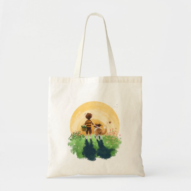 Sheltie Dog and Boy Walk into Sunset Tote Bag (Front)