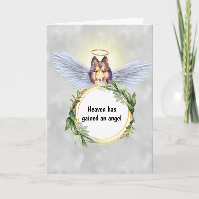 Sheltie dog angel wings halo wreath heaven card (Front)