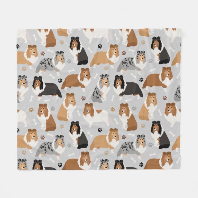 Sheltie Dog Bones and Paws Fleece Blanket (Front (Horizontal))
