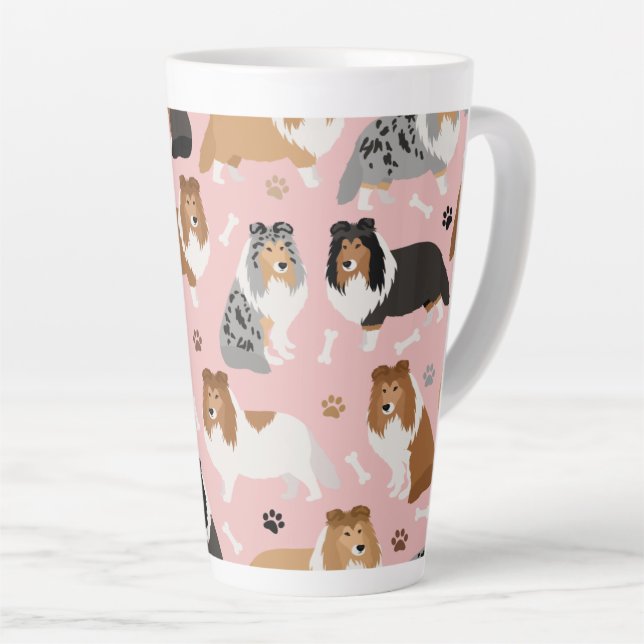 Sheltie Dog Bones and Paws Latte Mug (Right Angle)