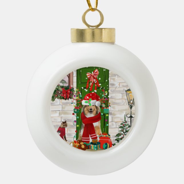 Sheltie Dog Christmas Ceramic Ball Christmas Ornament (Front)