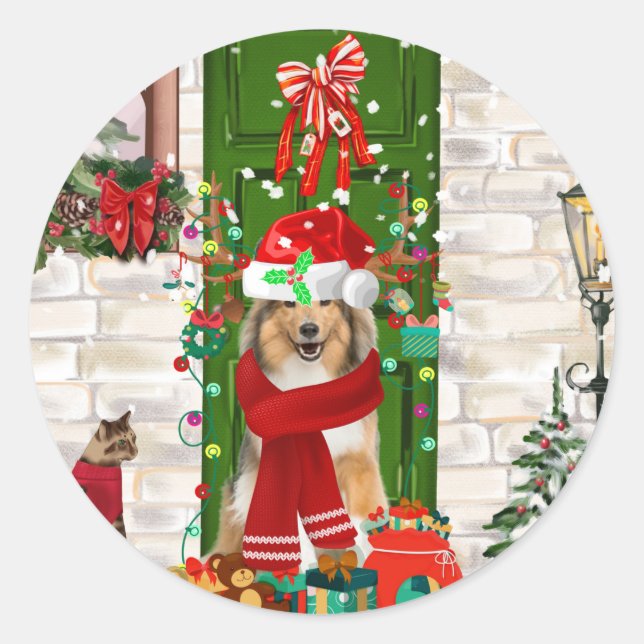 Sheltie Dog Christmas Classic Round Sticker (Front)