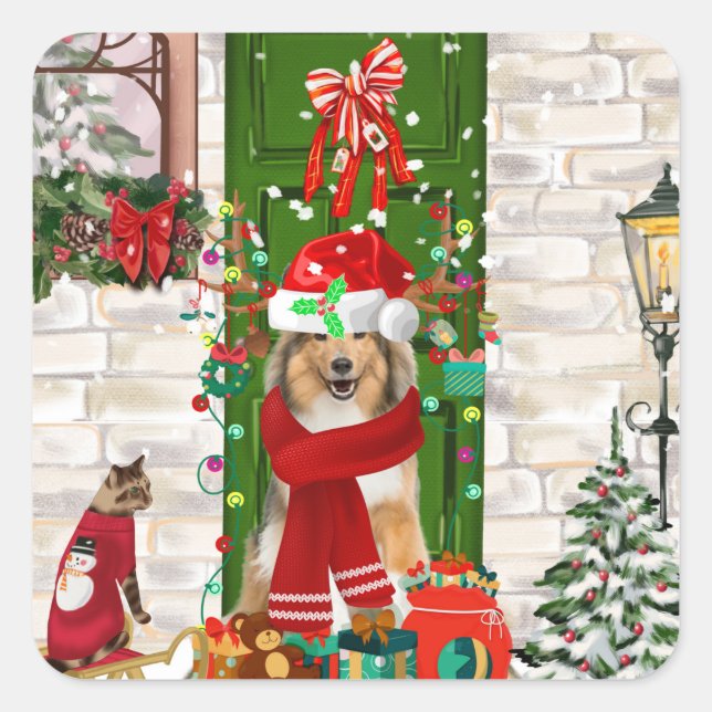 Sheltie Dog Christmas Square Sticker (Front)