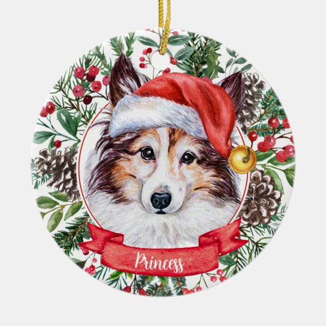 Sheltie Dog Custom Santa Hat Christmas Ornament (Front)