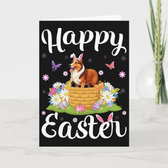 Sheltie Dog Happy Easter Egg Hunt Bunny Ear Easter Card (Front)