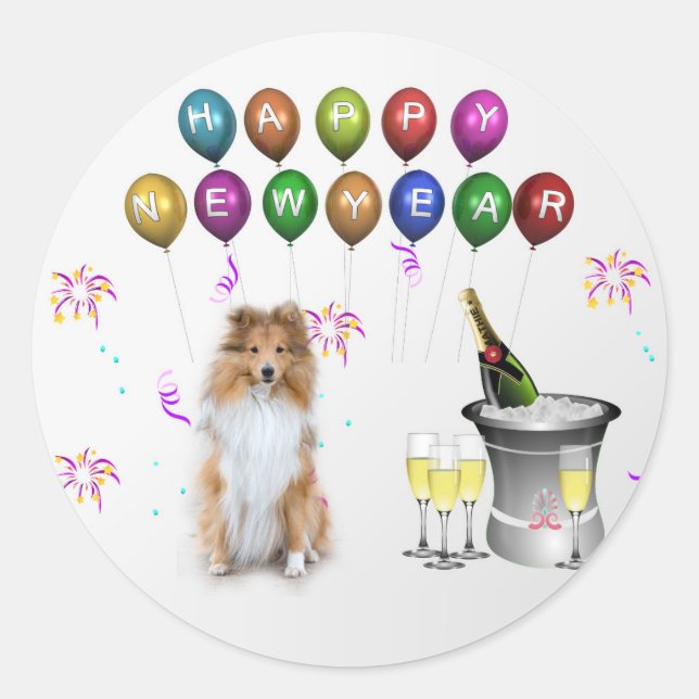 Sheltie Dog Happy New Year Classic Round Sticker (Front)