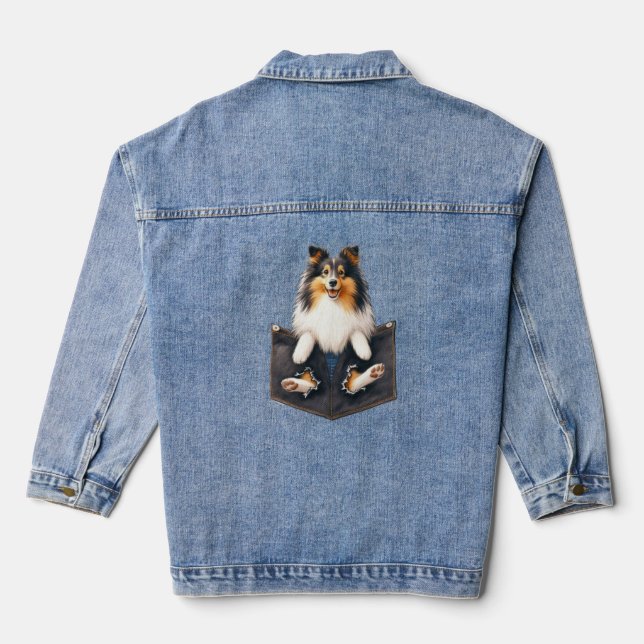 Sheltie Dog In A Pocket Denim Jacket (Back)