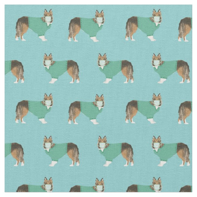 Sheltie dog in scrubs fabric (Close Up)