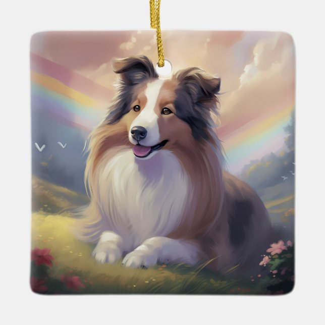 Sheltie Dog Memorial Rainbow Bridge Personalised Ceramic Ornament (Front)