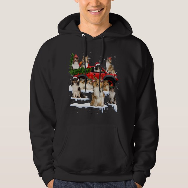 Sheltie Dog Red Truck Christmas Tree Santa Ugly Xm Hoodie (Front)