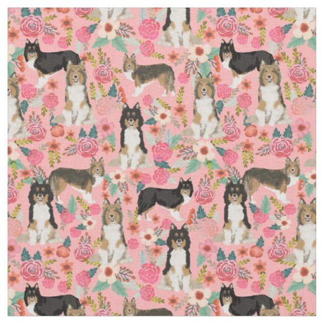 sheltie dog vintage florals pink fabric (Close Up)