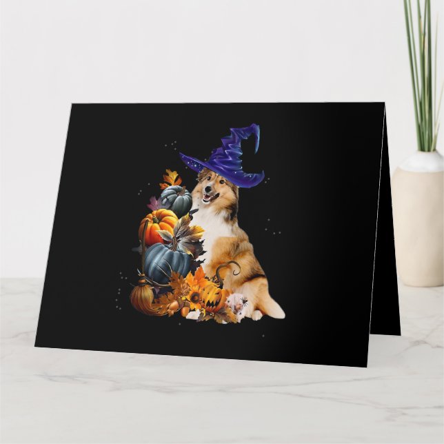 Sheltie Dog Witch And Pumpkins Halloween Thanksgiv Card (Front)