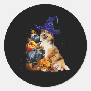 Sheltie Dog Witch And Pumpkins Halloween Thanksgiv Classic Round Sticker