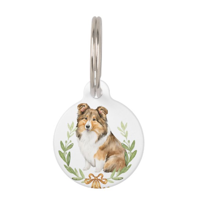 Sheltie in Laurel Wreath | Personalised  Pet Tag (Front)
