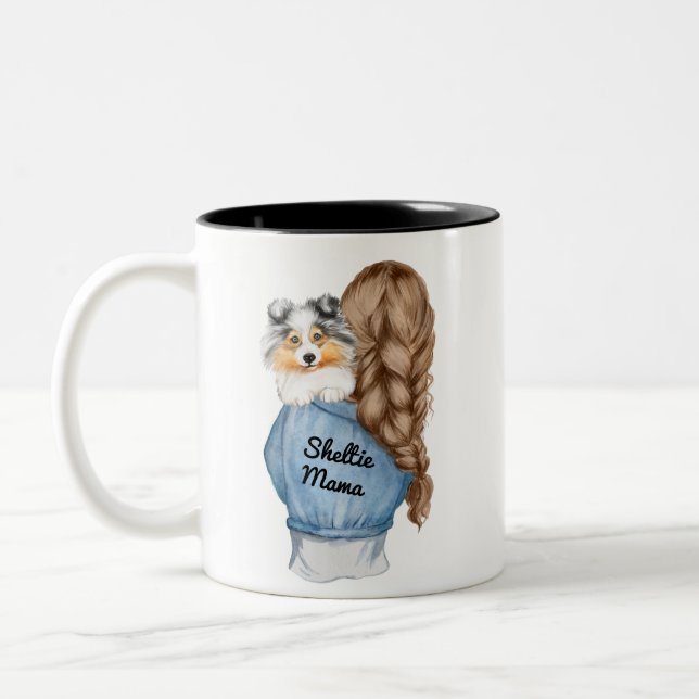 Sheltie Mama  Brunette w Merle Shetland Sheepdog  Two-Tone Coffee Mug (Left)