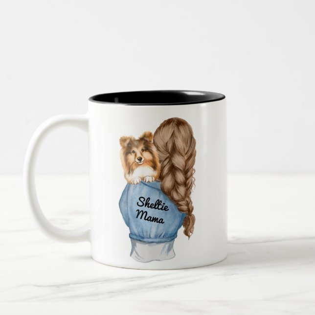 Sheltie Mama Brunette with Sable Shetland Sheepdog Two-Tone Coffee Mug (Left)